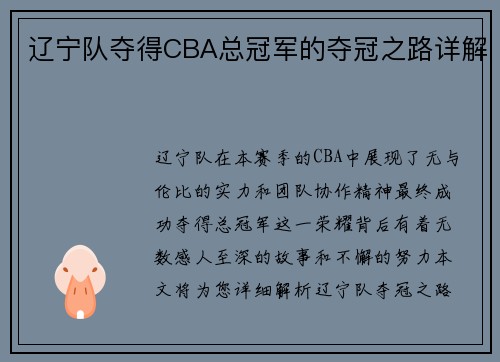 辽宁队夺得CBA总冠军的夺冠之路详解